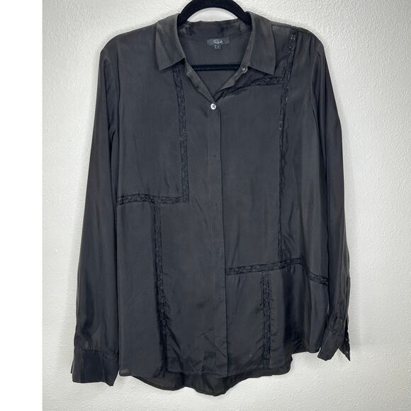 Rails Mona in Black Crepe Lace Long Sleeve Button Collared Shirt L - Picture 4 of 16
